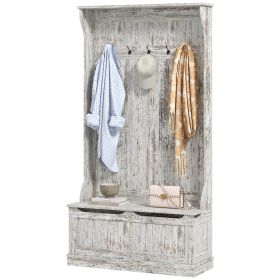 3-In-1 Entryway Bench with Coat Rack, Hall Tree with Bench and Shoe Storage, 5 Hooks for Hallway Distressed White