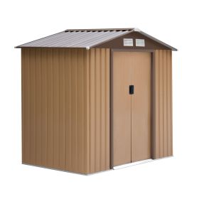 7' x 4' Outdoor Storage Shed, Garden Tool House w/ Foundation Kit Vents & Sliding Doors for Backyard Patio, Brown