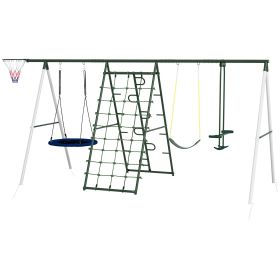 Metal Swing Set for Backyard with 1 Saucer Swing, Basketball Hoop, 1 Seat, 1 Swing Glider, Climbing Net and Steps