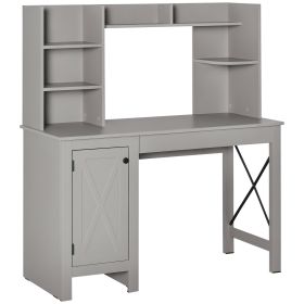 Computer Desk W/ Hutch, Home Office Desk W/ Storage Cabinet, Light Grey