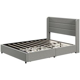 Full Bed Frame with Storage Drawers, Full Size Bed Base with Headboard, Wood Slats, Noise-Free, Light Gray