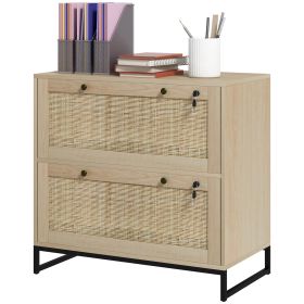 Lockable Filing Cabinet, Boho 2 Drawer File Cabinet with Adjustable Hanging Bar for Letter, A4 and Legal Size, Natural