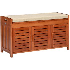 Shoe Bench with Storage Cabinets, Bamboo Entryway Bench with Seating Cushion, 3 Doors and Hidden Compartment for Hallway, Dark Cherry
