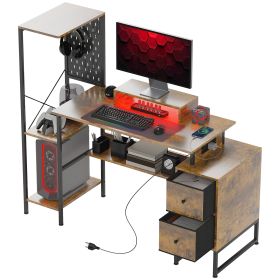 56" Computer Desk with Storage, Computer Table with Power Outlets and LED Lights, Rustic Brown