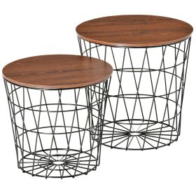 End Tables Set of 2, Nesting Tables with Storage, Round Accent Side Tables with Removable Top for Living Room,  Black/ Brown