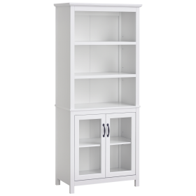 71" Bookcase Storage Hutch Cabinet with Adjustable Shelves and Glass Doors for Home Office, Kitchen, Living Room, White
