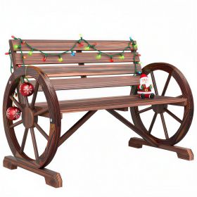 41" Wooden Wagon Wheel Bench, Rustic Outdoor Patio Weather Resistance Furniture, 2-Person Slatted Seat Bench with Backrest, Carbonized
