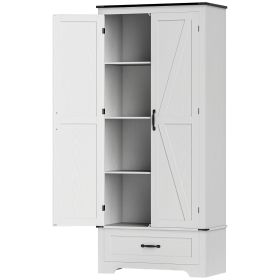 72" Farmhouse Pantry Cabinet with Adjustable Shelves, Kitchen Pantry Cabinet with 2 Doors, Distressed White