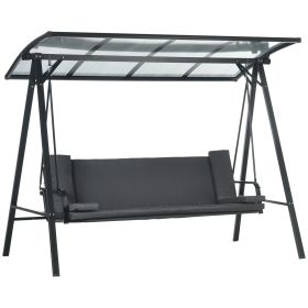 3-Seat Patio Swing Chair, Convertible Swing Hammock Bed with Cushions, Adjustable Polycarbonate Canopy Sunshade Roof for Porch, Garden, Backyard, Gray