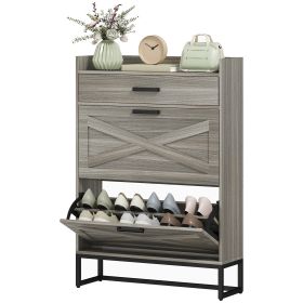 Slim Shoe Storage Cabinet, Shoes Cabinet Organizer with 2 Flip Drawers, Adjustable Shelves for 12 Pair, Distressed Gray