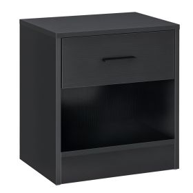 Modern Side Table with Drawer and Storage Shelf, End Table for Living Room, Black Wood Grain