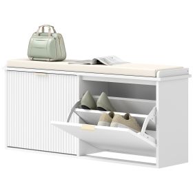 Shoe Storage Bench with Padded Seat Cushion and Flip-Drawer, Entryway Bench, Shoe Cabinet, 40.9x10.2x18.7 Inches, White