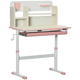 Wooden Kids Study Desk, Height Adjustable Children School Study Table, Student Writing Desk with Tilt Desktop, Drawer, Storage Shelf, Pen Holder, Pink