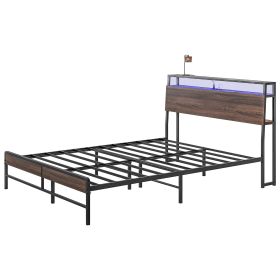 Queen Size Bed Frame with LED Lights and Charging Station, Queen Bed Frame with Storage Headboard, Noise-Free, Walnut