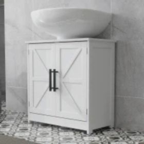 Farmhouse Pedestal Sink Storage Cabinet, Bathroom Sink Cabinet With 2 Barn Doors And Adjustable Shelf, White