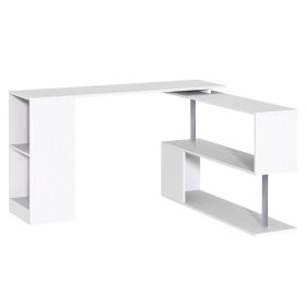 55" 360Â° Rotating Corner Computer Desk Modern L-Shaped Home Office Workstation with 3-Tier Storage Shelves, Bookshelf, White