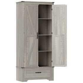 72" Farmhouse Pantry Cabinet with Adjustable Shelves, Kitchen Pantry Cabinet with 2 Doors, Distressed Light Gray