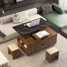 Modern Lift-Up Coffee Table With 2 Stools Set For Living Room Expandable Hidden Storage Drawers Space Saving Folding Dining Table