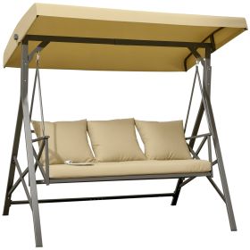 3-Seat Patio Swing Chair, Porch Swing Glider with Cushion, 3 Throw Pillows & Adjustable Canopy for Porch, Garden, Poolside, Backyard, Khaki