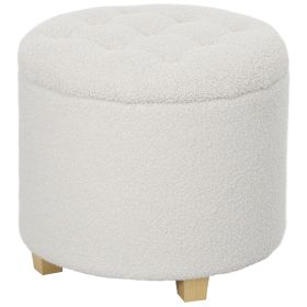 18" Round Ottoman with Storage, Teddy Fleece Button Tufted Foot Stool with Lid, Wood Legs for Living Room Hallway, White