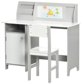Toddler Table and Chair Set, Kids Writing Desk Homework Table with Whiteboard, Storage Cabinet, Gray