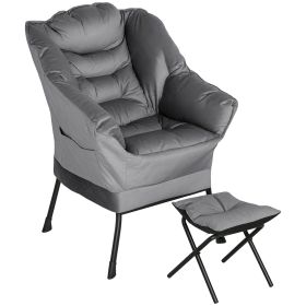 Lazy Chair and Ottoman Set, Fabric Upholstered Accent Chair with Side Pockets, for Living Room, Bedroom, Gray