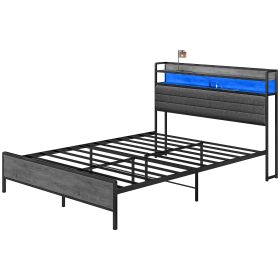 Queen Size Bed Frame with Storage Upholstered Headboard, Queen Bed Frame with LED Lights, Charging Station, Cement Gray