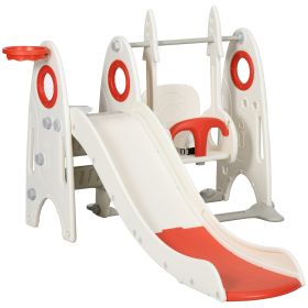 4 in 1 Toddler Swing Set with Slide, Basketball Hoop, Climber & Basketball for Kids 1-3 Years Old, Red
