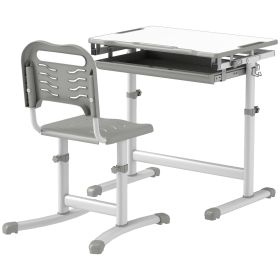 Height Adjustable Kids Desk and Chairs Set with Tilt Desktop, Storage Drawer, Pen Slot, Hook, Gray