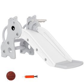 3-in-1 Toddler Slide for Age 1-3, Freestanding Kids Slide with Climber, Basketball Hoop and Ball, Giraffe Design, Gray