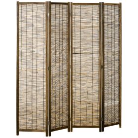 Hand Woven Room Divider, 4 Panel Folding Privacy Screen, Indoor Reed Partition Wall, 63"x67"x0.75", Brown