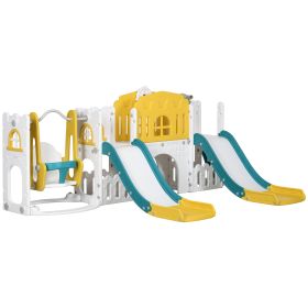 8 in 1 Toddler Slide and Swing Set w/ 2 Slides, Basketball Hoop, Climber, Storage Space Telescope, Yellow