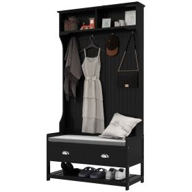 3-in-1 Hall Tree, Entryway Bench with Coat Rack, Mudroom Bench with Shoe Rack, 2 Storage Drawers, 4 Hooks and Padded Seat Cushions for Hallway, Black