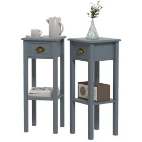2-Tier Side Tables Set of 2 with Drawer and Shelf, 2 Pieces End Tables for Living Room and Hallway, Gray