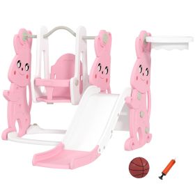 4 in 1 Toddler Slide and Swing Set with Climber, Basketball Hoop, Rabbit Themed Kids Playset for Ages 1.5-4, Pink
