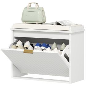 Shoe Storage Bench with Padded Seat Cushion and Flip-Drawer, Entryway Bench, Shoe Cabinet, 24.4x10.2x18.7 Inches, White