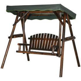 2-Person Patio Swing Chair, Outdoor Hanging Wooden Porch Bench Loveseat w/ Adjustable Canopy and Side Trays for Garden, Poolside, Backyard
