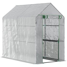 47.25" x 73.25" x 74.25" Walk-in Greenhouse, Outdoor Portable Green House with 4 Shelves, Plant Flower Growing Warm House with Roll-up Door, White