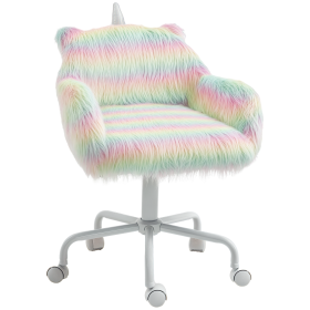 Fluffy Unicorn Office Chair with Mid-Back and Armrest Support, 5 Star Swivel Wheel White Base, Rainbow