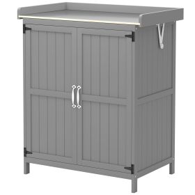 Outdoor Storage Cabinet, Garden Tool Shed with Metal Tabletop and Shelf, Wooden Potting Bench with 2 Doors, Gray