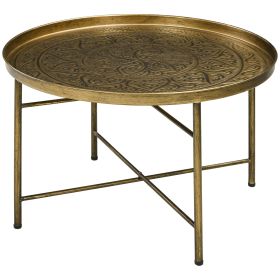 Coffee Table for Living Room, 24" Round Center Table with Hammered Tray Top and Metal Frame for Bedroom, Gold