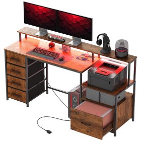Computer Desk with Power Outlets and LED Lights, 67" Computer Table with File Cabinet and Fabric Drawers, Rustic Brown