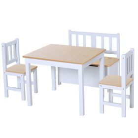 4-Piece Kids Table and Chair Set, with 1 Storage Bench and 2 Matching High Back Chairs, Natural & White