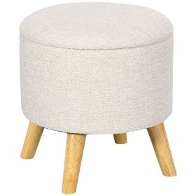 Round Ottoman Stool with Storage, Linen Fabric Upholstered Foot Stool with Padded Seat, Hidden Space and Wood Legs