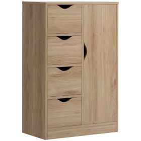 Freestanding Storage Cabinet, Bathroom Floor Cabinet with 4 Drawers and Door, Oak