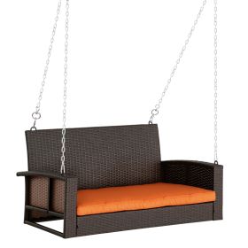 2 Person Wicker Hanging Swing Bench, Front Porch Swing Outdoor Chair with Cushions 550 lbs. Weight Capacity for Backyard, Garden, Orange