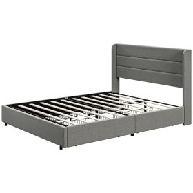 Queen Bed Frame with Storage Drawers, Queen Size Bed Base with Headboard, Wood Slats, Noise-Free, Light Gray