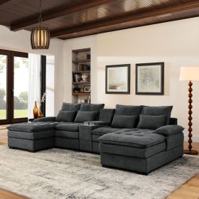 130" U-shaped Sofa with Console,Cupholders,6-seat Upholstered primary living space Furniture,Sleeper Couch Set with Chaise for Living Room,Apartm