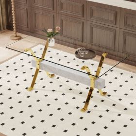 Dining table. Modern tempered glass dining table. Large modern office desk with gold plated metal legs and gray MDF crossbars