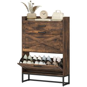 Slim Shoe Storage Cabinet, Shoes Cabinet Organizer with 2 Flip Drawers, Adjustable Shelves for 12 Pair, Rustic Brown